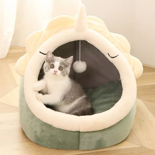 Casa de dinosaurio para gatos: ¡escondite suave con pelota de juguete colgante!