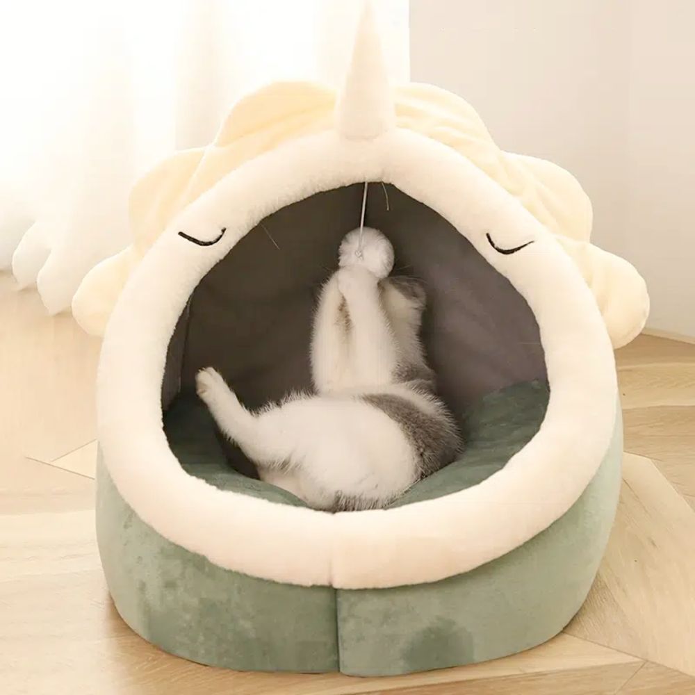 Dinosaur Pet House for Cats – Soft Hideout with Dangling Toy Ball!