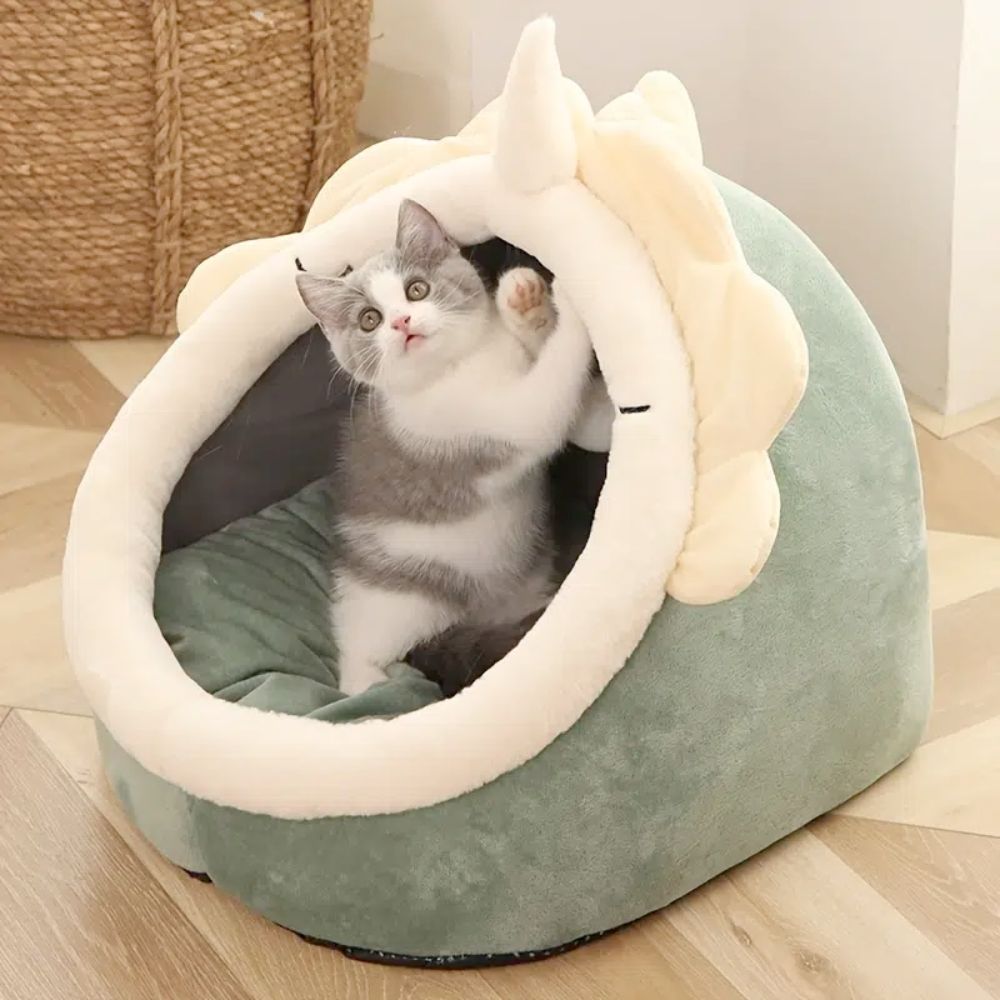 Dinosaur Pet House for Cats – Soft Hideout with Dangling Toy Ball!