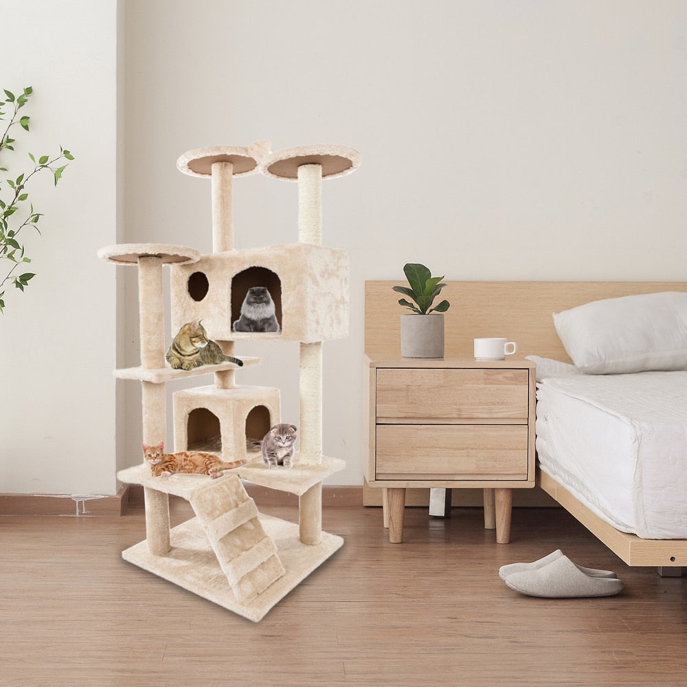 Torre de cuerda de sisal para escalar para gatos: ¡patio de juegos para gatos de varios niveles con casas y perchas!