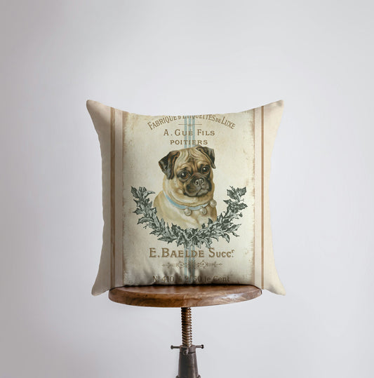 Vintage French Pug Pillow Cover – Farmhouse Chic Home Décor